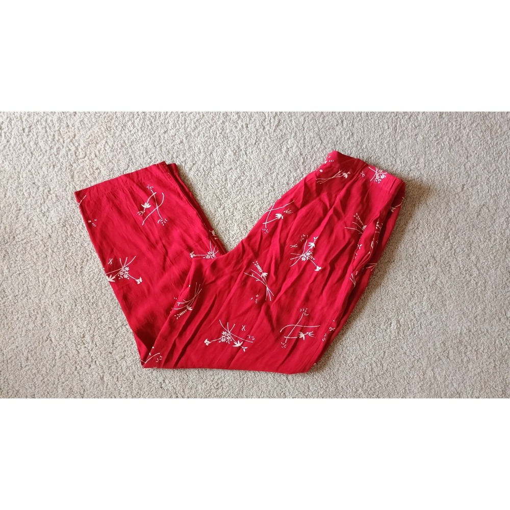 Lands End Red Floral Rayon Wide Leg Pants Womens Petite 12 High Rise Side Zip‎